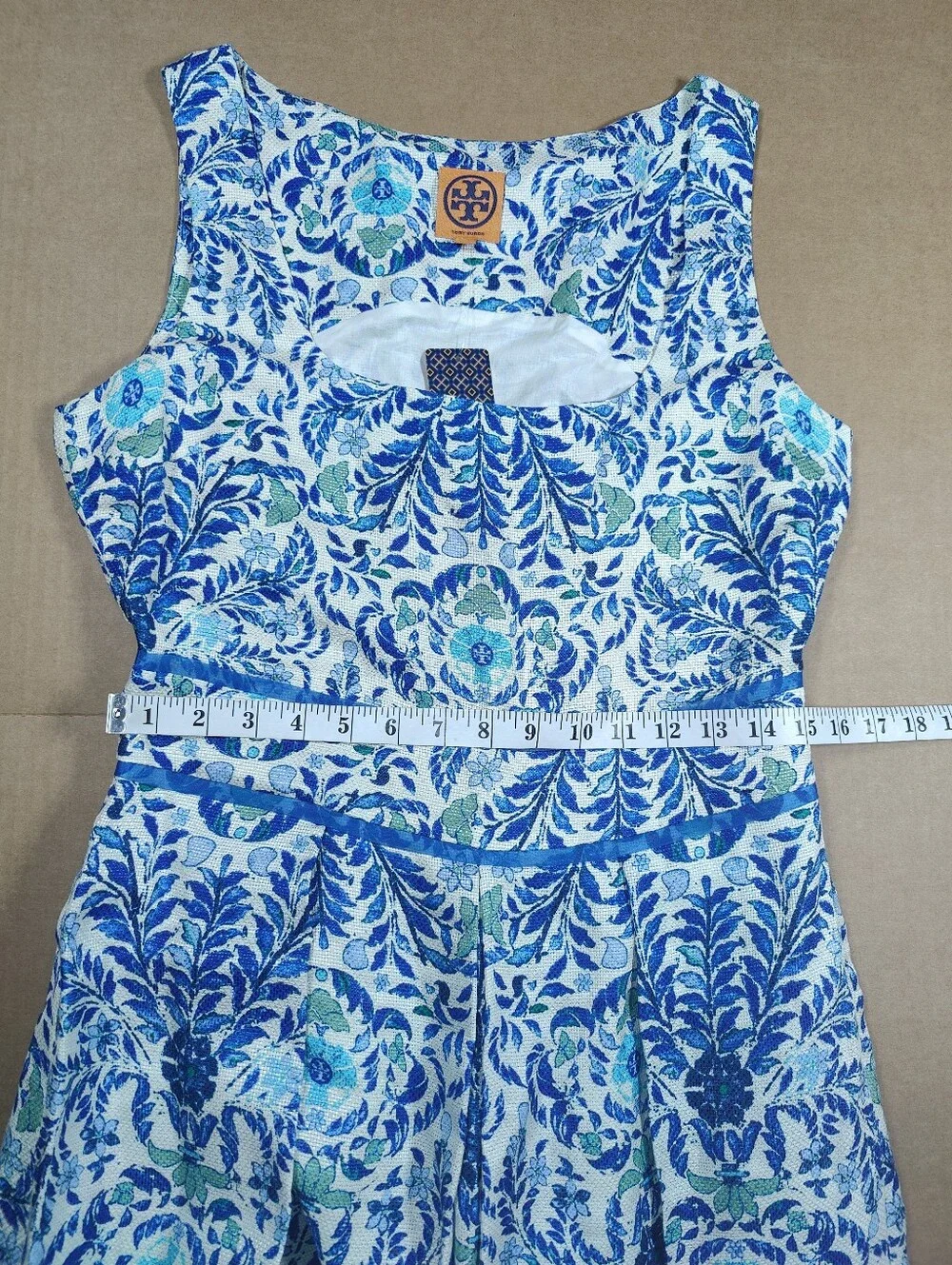 NWT Tory Burch Ramona Blue White Floral Silk Linen Fit & Flare Dress Retail 450$